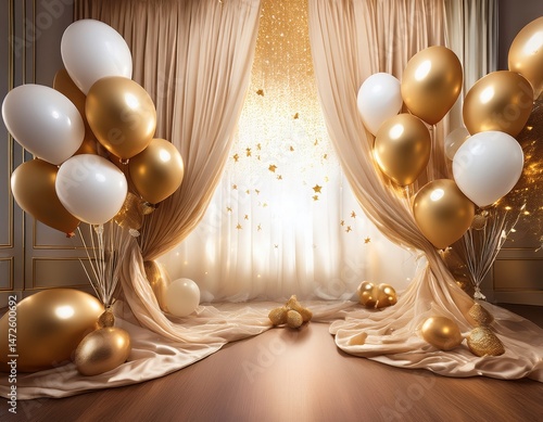 Elegant Gold and White Balloons Decor beside Sheer Curtains for Birthday or Anniversary Celebration