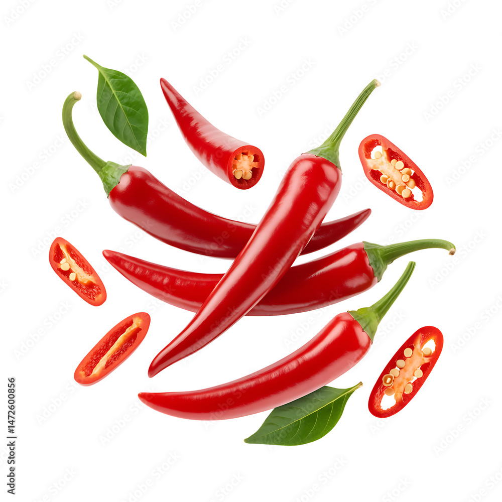 Fresh red chili peppers with slices and green leaves, spicy hot peppers isolated Fresh red chili peppers with slices and green leaves, spicy hot peppers isolated