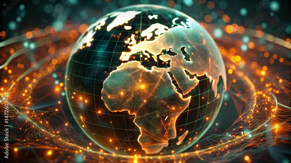 Fototapeta premium Earth from space, glowing city lights, interconnected world, digital connections, futuristic planet view, orange and blue glow, satellite communications