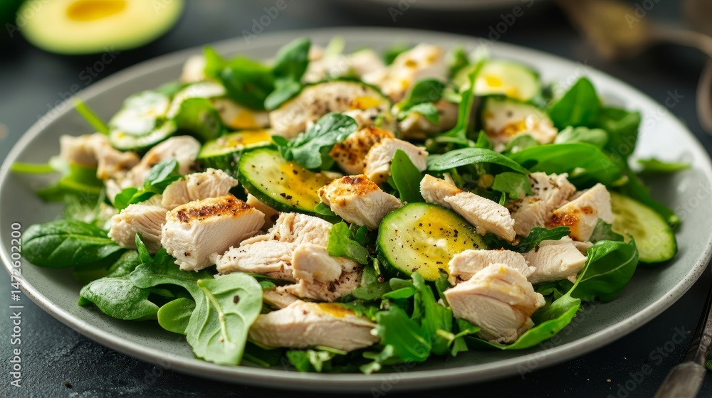 Low-carb chicken salad for a healthy keto lunch. Served on a white plate. Low-carb chicken salad for a healthy keto lunch. Served on a white plate.