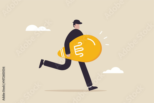 Stealing idea or plagiarism, piracy on intellectual property or infringement concept, thief man in black running with light bulb idea steal from other owner.