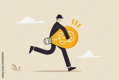 Stealing idea or plagiarism, piracy on intellectual property or infringement concept, thief man in black running with light bulb idea steal from other owner.