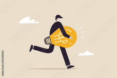 Stealing idea or plagiarism, piracy on intellectual property or infringement concept, thief man in black running with light bulb idea steal from other owner.