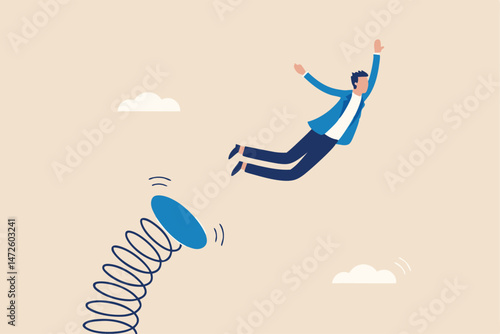 Boost up business growth, improvement, career path or job promote to higher position concept, confidence businessman leader jumping springboard up high in the sky.