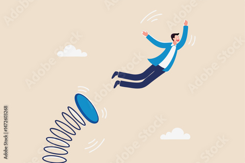 Boost up business growth, improvement, career path or job promote to higher position concept, confidence businessman leader jumping springboard up high in the sky.