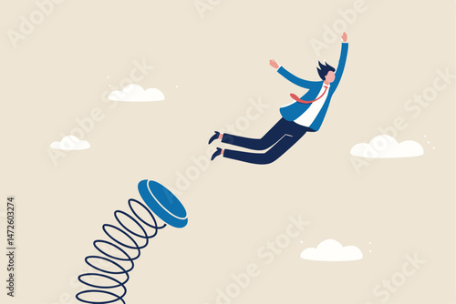 Boost up business growth, improvement, career path or job promote to higher position concept, confidence businessman leader jumping springboard up high in the sky.