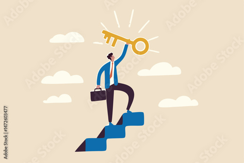 Key to business success, stairway to find secret key or achieve career target concept, businessman winner walk up to top of stairway lifting golden success key to the sky.