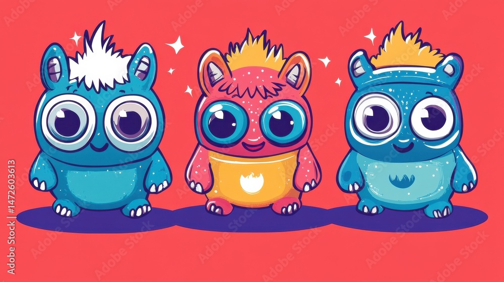 Fototapeta premium Cute M onsters. Vector Set. Kids cartoon character design for poster, baby products logo and packaging design. illustration , no logos, no brands