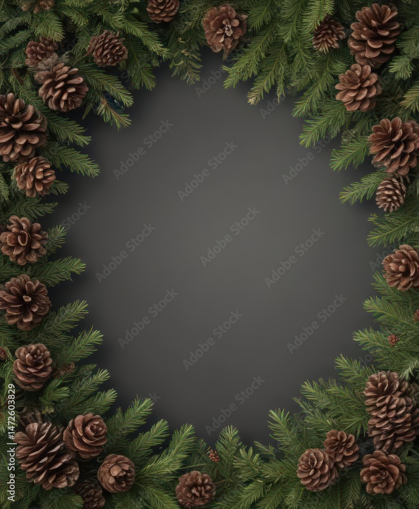 Fototapeta premium Lush fir branches and pine cones create a rustic Christmas border , country, natural