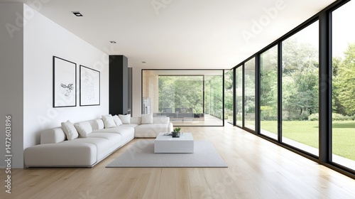 Modern house with minimalist design. It has light-colored wood floors, white walls, and large windows with black frames. The furniture and decor are simple and understated.