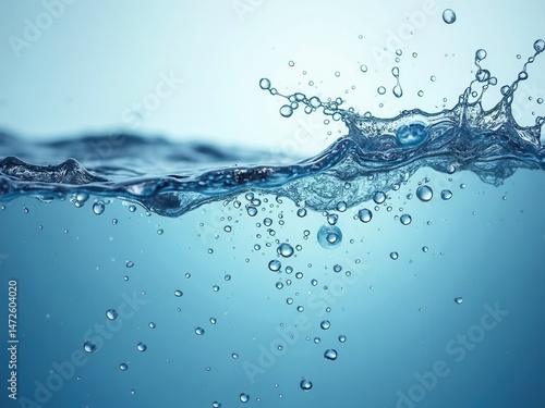 Splash of water with many small droplets. The water is blue and the droplets are clear
