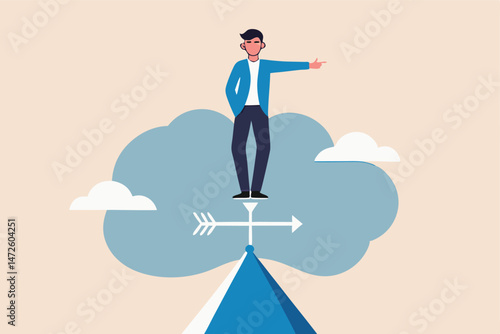 Business direction to achieve success, leadership and visionary concept, smart businessman standing on top of weather vanes on the roof pointing to winning direction.