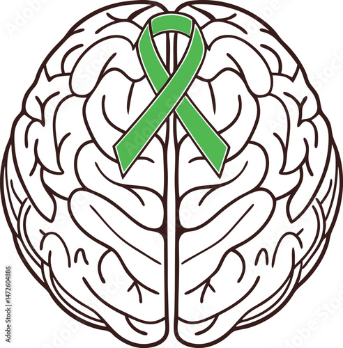 Cerebral silhouette featuring green ribbon symbolizing mental health awareness is displayed on a white background