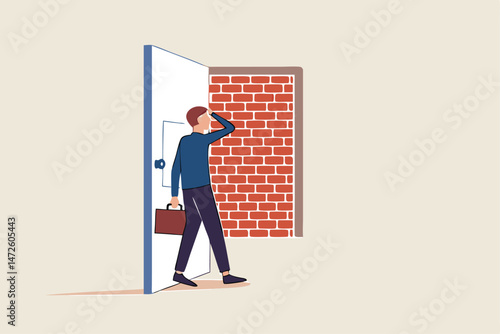 Business dead end, no way to exit or big mistake and wrong decision, obstacle and difficulty to overcome concept, businessman open exit door and found brick wall blocking the way.