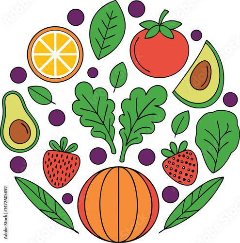 Colorful cartoon vegetables and fruits are arranged in a circular pattern on a white background