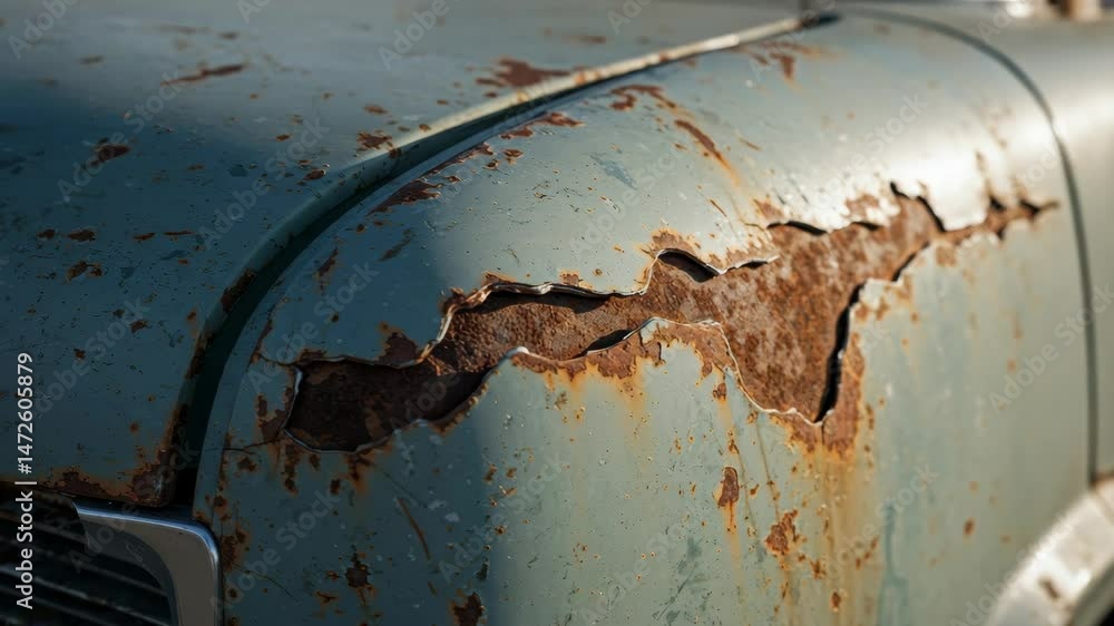 Rusted Vintage Car Fender Close-up - A detailed close-up shot of a severely rusted vintage car fender. The paint is peeling and flaking