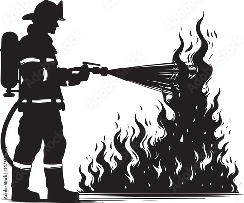 Black silhouette art of a firefighter in action with fire and axe