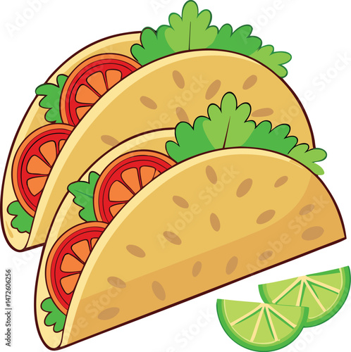 Delicious cartoon tacos filled with tomatoes and lettuce are ready with fresh lime slices