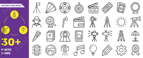 Editable Photography and Camera Icon Set – 30+ Vector Line Icons for Photo Equipment and Tools