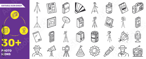 Editable Photography and Camera Icon Set – 30+ Vector Line Icons for Photo Equipment and Tools