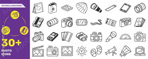 Editable Photography and Camera Icon Set – 30+ Vector Line Icons for Photo Equipment and Tools