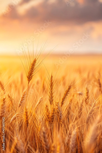Golden wheat field under a warm sunset sky capturing agriculture and harvest season