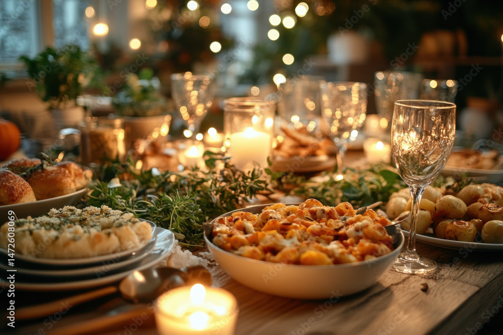 Naklejka premium Plates of food and candles on table.