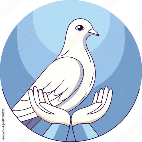 Gentle white dove resting peacefully inside open hands against a soothing blue background