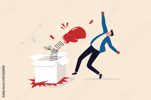 Being fired from job, unexpected event, business failure or stock market bad news surprise investor concept, businessman open jack in the box with surprise boxing glove punching knock out.