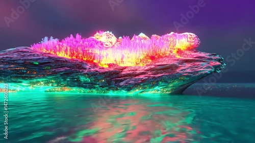 Surreal glowing island in water landscape art.