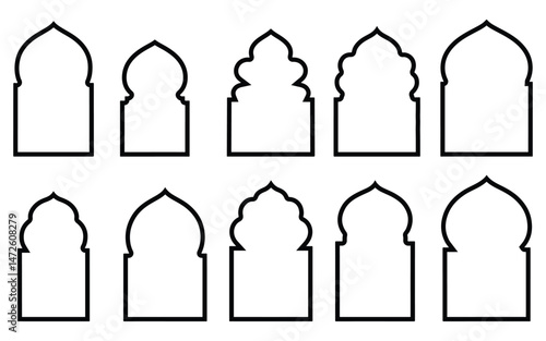 Islamic Oriental Doors and Arches Silhouette Shape Collection. Authentic Arabic and Muslim Architectural Frame vector illustration on white background