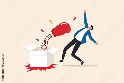 Being fired from job, unexpected event, business failure or stock market bad news surprise investor concept, businessman open jack in the box with surprise boxing glove punching knock out.