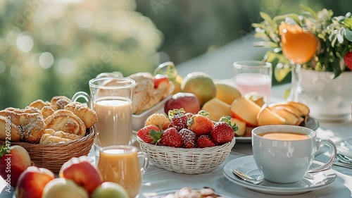 A colorful breakfast feast with pastries and fruit