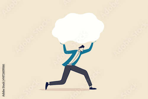 Over thinking, obsessive in work or too many problems that cannot make decision concept, tried depressed businessman carry heavy thinking bubble burden.