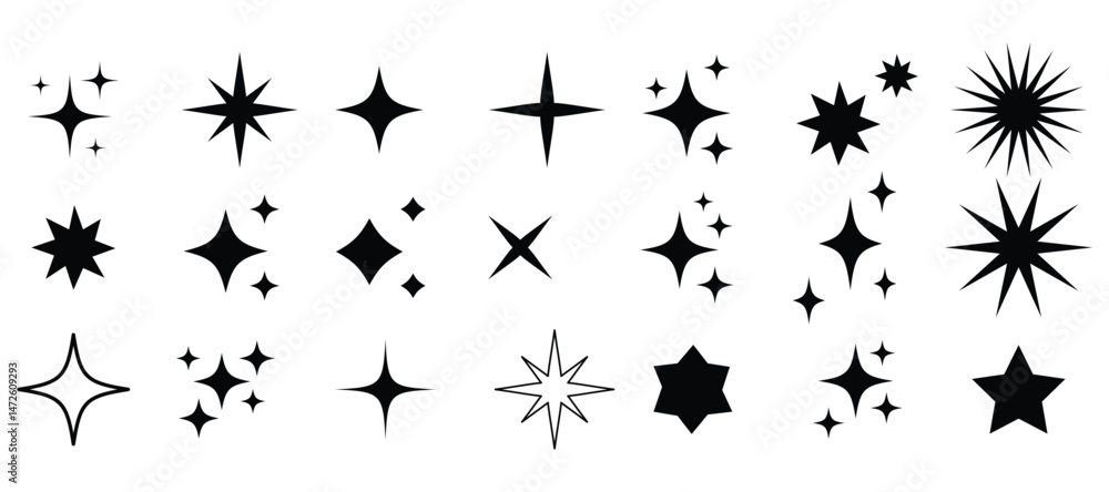 Star icons. Twinkling stars. Sparkles, shining burst. Christmas vector symbols isolated. Retro futuristic sparkle icons collection. collection of star icons in vector, shining icons, shiny, sparkling