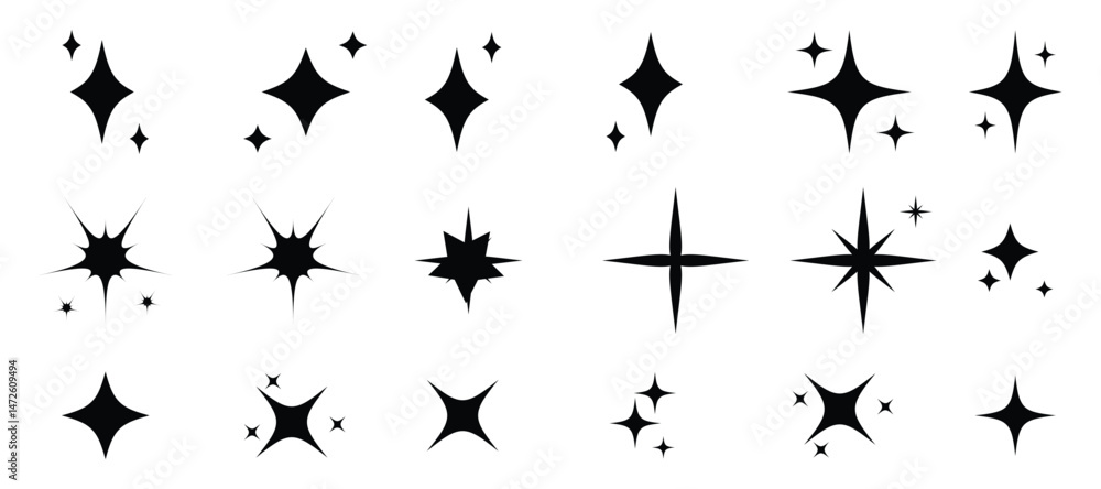 Naklejka premium Star icons. Twinkling stars. Sparkles, shining burst. Christmas vector symbols isolated. Retro futuristic sparkle icons collection. collection of star icons in vector, shining icons, shiny, sparkling