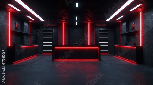 Dark, futuristic retail space with red neon accents.  Shelving, counters, and a central counter are visible.  Concrete walls and floors dominate