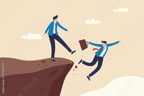 Business dishonesty, betrayal or jealousy colleague, career competitor or cheating concept, businessman kick business partner fall off the cliff.