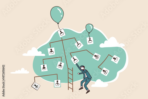 Career path or job opportunity, work promoted or development to be success in company concept, confidence businessman climbing rope from organization chart high up to CEO position.