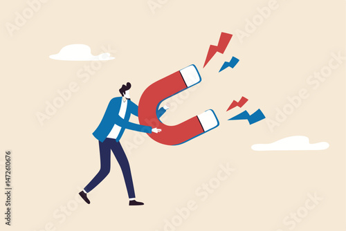 Business attraction or charisma with power to draw or attract business opportunity, money or customers concept, businessman holding high power magnet to attract all benefits.