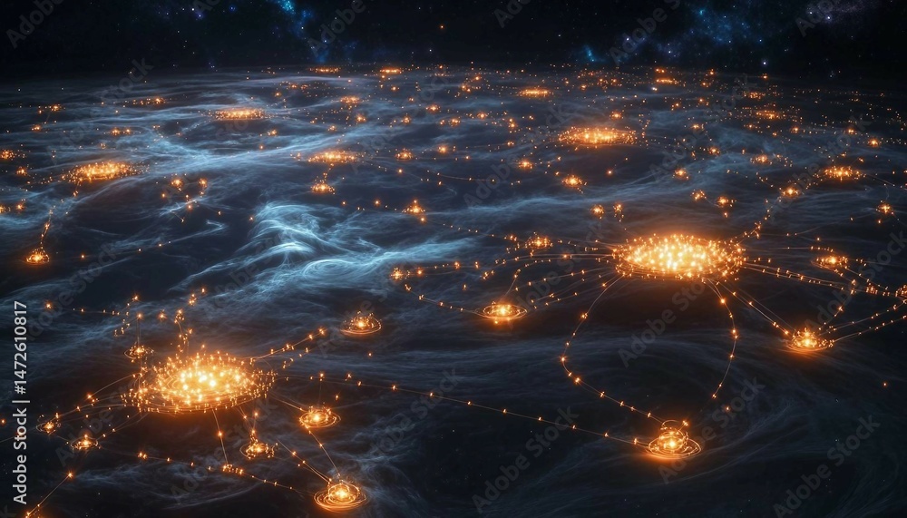 Naklejka premium Quantum Internet Concept, A conceptual image of the quantum internet. A network of glowing nodes (representing quantum computers) connected by shimmering,