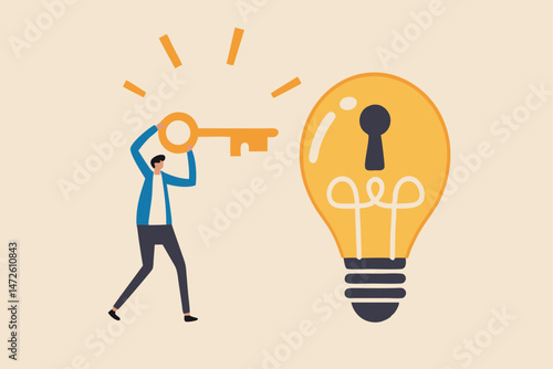 Unlock new business idea, invent new product or creativity concept, smart businessman holding golden key about to insert into key hold on lightbulb idea lamp.