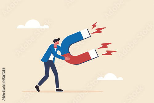 Business attraction or charisma with power to draw or attract business opportunity, money or customers concept, businessman holding high power magnet to attract all benefits.
