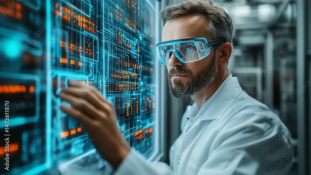 Man in protective goggles interacts with a large, glowing futuristic digital interface or circuit board Man in protective goggles interacts with a large, glowing futuristic digital interface or circuit board