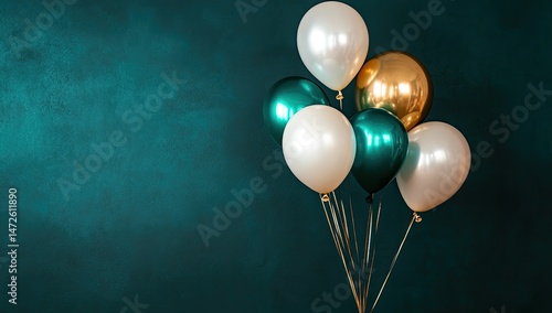 Wallpaper Mural Festive balloon bouquet against a teal backdrop.  A cluster of metallic gold, teal, and ivory balloons on gold-colored strings Torontodigital.ca