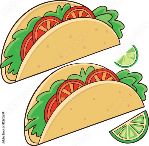 Two cartoon tacos filled with tomatoes and lettuce feature lime wedges on white