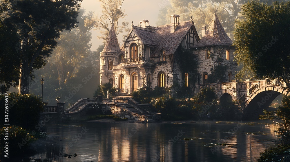 Obraz premium Rustic lakefront house illustration