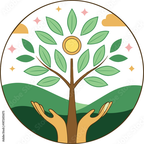 Two hands support a money tree growing among hills, with a transparent background