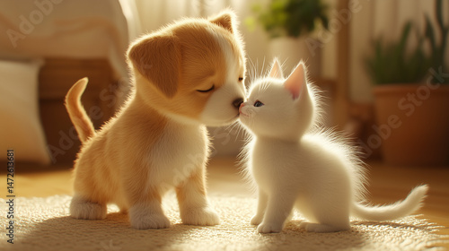 Playful puppy and kitten nuzzling each other in a sunlit room  