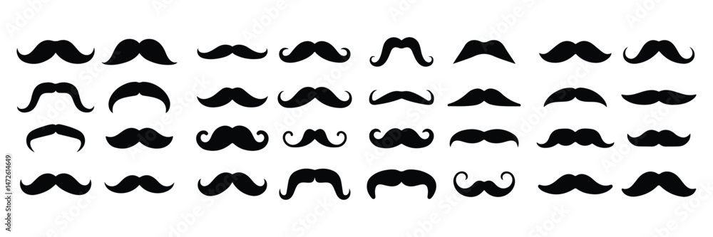 Collection of mustache set silhouette black white vector on white background. Set of gentleman's classic mustache vector Collection of mustache set silhouette black white vector on white background. Set of gentleman's classic mustache vector